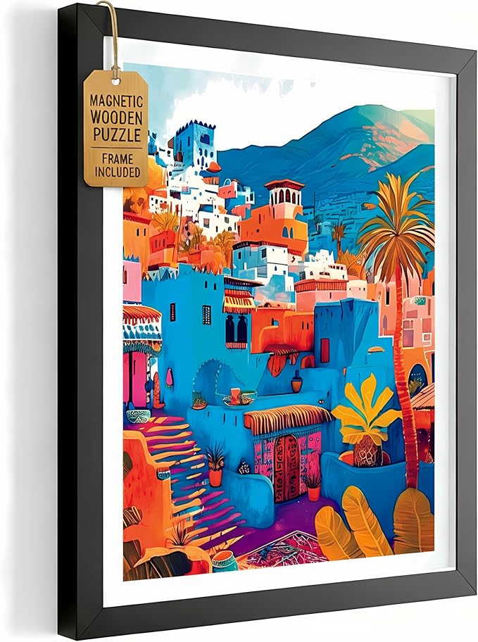 Magnetic Wooden Puzzles with Frame for Adults - Framed Wooden Jigsaw Puzzle - Rompe Cabezas para Adultos - Landscape Wall Art Decor - Original Christmas & Birthday Gift (Chefchaouen)