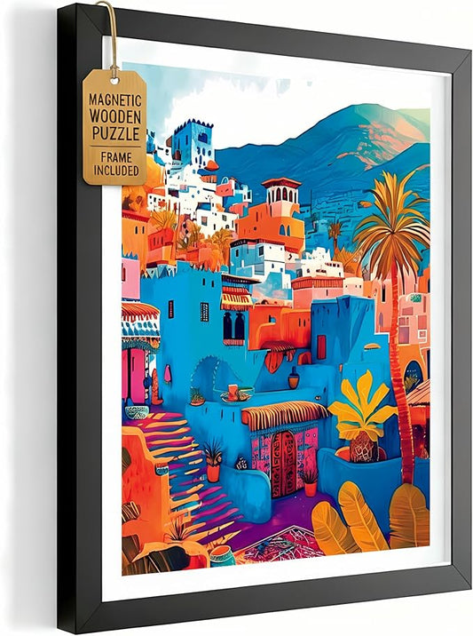 Magnetic Wooden Puzzles with Frame for Adults - Framed Wooden Jigsaw Puzzle - Rompe Cabezas para Adultos - Landscape Wall Art Decor - Original Christmas & Birthday Gift (Chefchaouen)