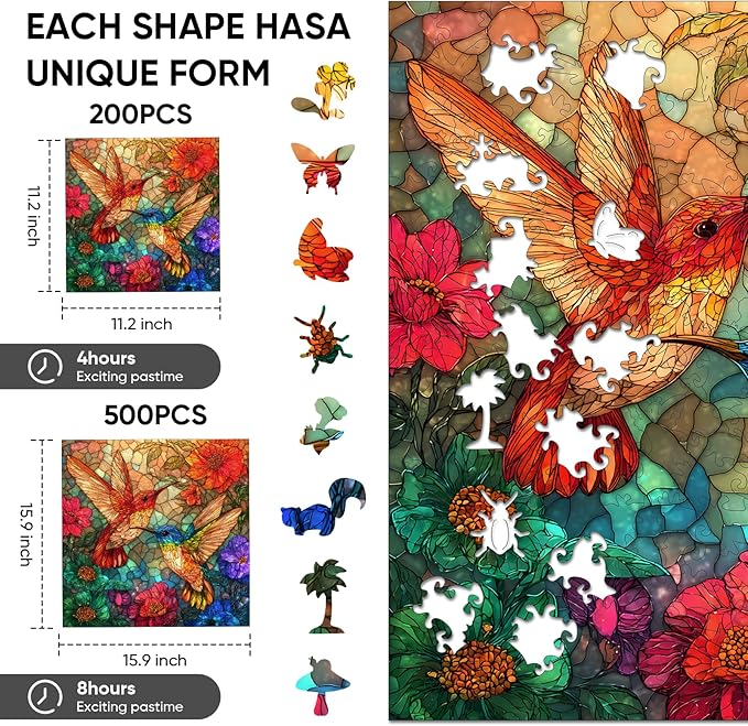 Wooden Puzzles for Adults 500 Pieces, Glass Hummingbird Jigsaw Puzzles, Unique Design Color Challenge Adult Puzzles for Family Brain Game Gift, Home Decor,15.9x15.9 inch