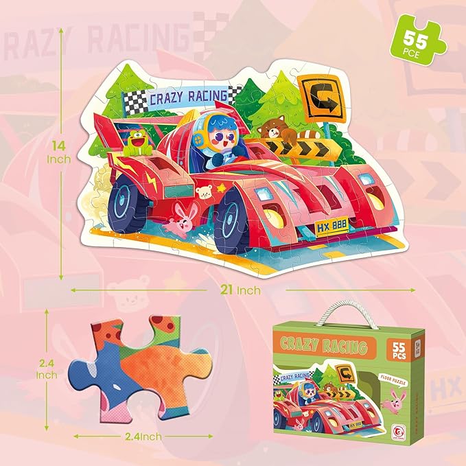 ELX 55 Piece Crazy Racing Jigsaw Puzzle for Kids 3+, Large Floor Puzzle for Preschool Learning with Storage Bag, Educational Toy Gift Birthday and Christmas for Boys Girls