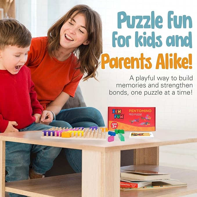 Zen Fun Montessori Animal Block Puzzle for Spatial Intelligence, Montessori Puzzle for Kids 4+, Wooden peg Puzzles Pentomino Peg Puzzle with 60 Different Design Cards to Recreate!