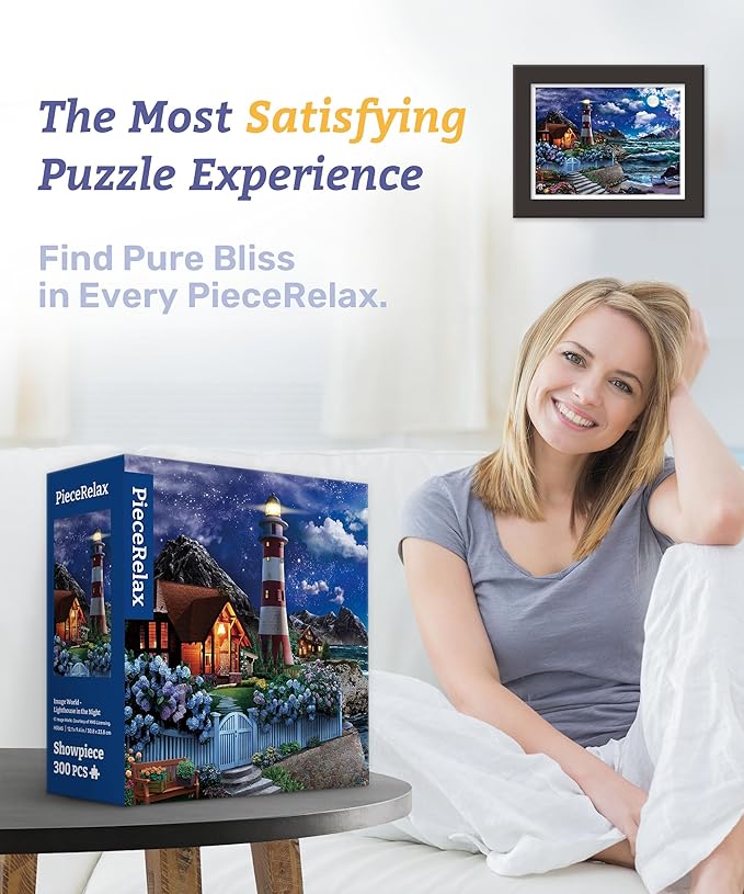 PieceRelax Plastic Jigsaw Puzzles for Adults 300 Pieces - Image World - Lighthouse in The Night Most Satisfying Table Games and Gifts No Puzzle Mat Required [H3565]