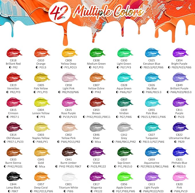Caliart Acrylic Paint Set with 12 Brushes, 42 Colors (59ml, 2oz) Art Craft Paints Gifts for Artists Kids Beginners & Painters, Halloween Pumpkin Canvas Ceramic Rock Painting Kit Art Supplies