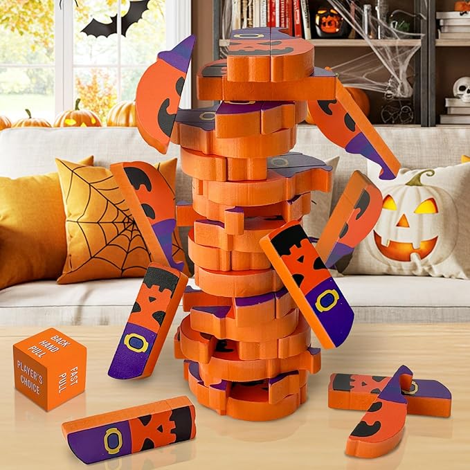 AerWo Wooden Blocks Stacking Games, Tumbling Tower and Balance Halloween Games for Kids, for Kids and Adults Ages 6+, Pumpkin Toys Wood Blocks Twister Game for Family
