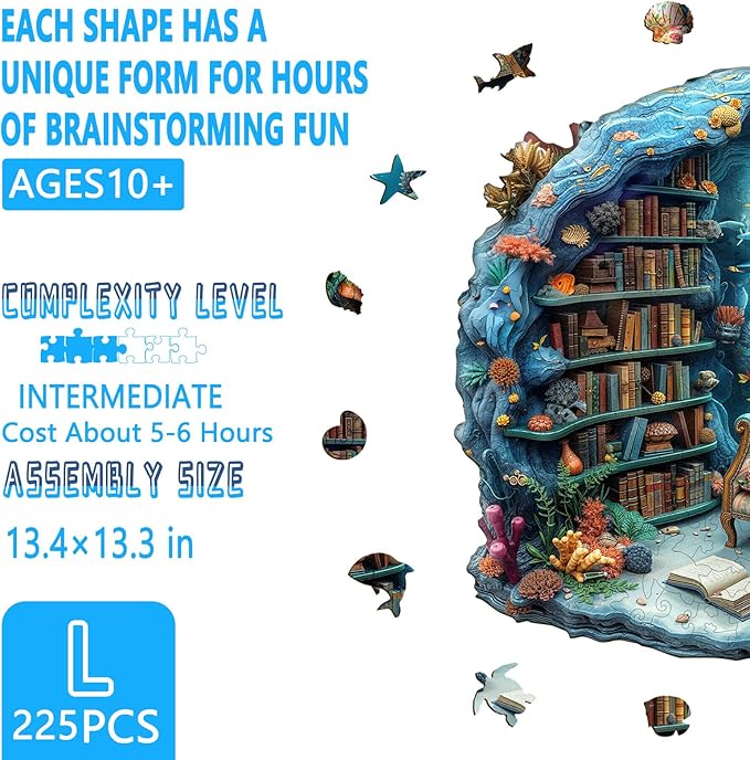 Wooden Puzzles for Adults, Undersea Book House Wooden Jigsaw Puzzle for Adults, Unique Shape Wood Puzzles Adult, Presents for Women and Men, Wall Art Home Decor(L-13.4 * 13.3in- 225 Pieces)