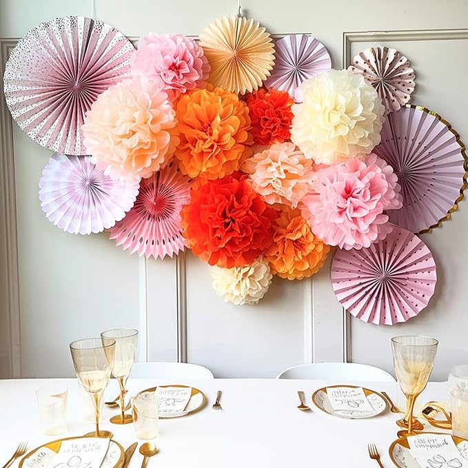 PapaKit Origami Wall Decoration Set (8 Assorted Round Paper Fans) Birthday Party Baby Shower Wedding Events Decor | Creative Art Design Pattern (Sparkling Pink Rose Blush, 8 Piece Set)
