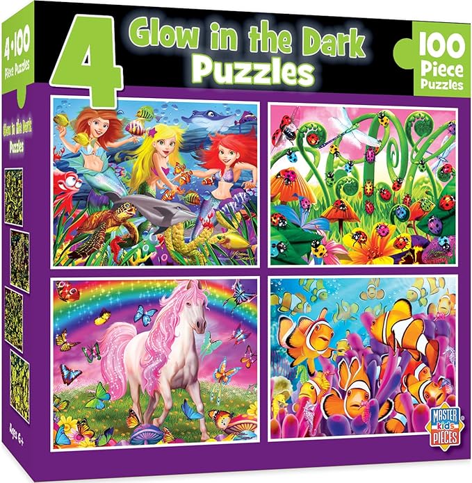 MasterPieces – Jigsaw Puzzle Set for Kids 6+ Years, 4-Pack of 100 Pieces, Educational and Fun Game, Purple Glow in the Dark Collection, Gift Idea for Children, 8" x 10