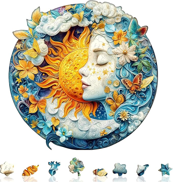 Wooden Puzzles for Adults - Moon Sun and Girl Wood Puzzles Adult - Unique Animal Shape Wooden Jigsaw Puzzles for Adults - Birthday Gifts for Puzzle Lovers, Family (11.4 * 11.4in)