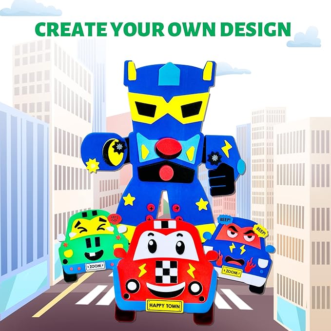 VKPI 4 Pieces EVA Foam Art Crafts Gift Kit, Creative Make Your Own Cars, Cartoon Foam Paper Craft Projects for Kids Ages 4+ Toddler, Preschool Learning Toy for Birthday Party Favor Supplies