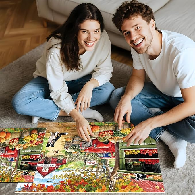 Puzzles for Adults 1000 Pieces, Jigsaw Puzzles 1000 Pieces – Autumn Harvest Farm Puzzle with Dog, Squirrel, Kitten, Golden Leaves & Pumpkins – Cozy Fall Scene for Nature & Animal Lovers (28 x 20 in)