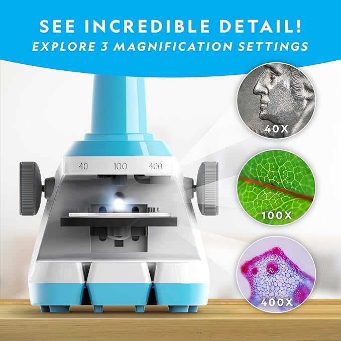 National Geographic Microscope for Kids - Science Kit with an Easy-to-Use Kids Microscope, Up to 400x Zoom, Blank and Prepared Slides, Gifts for 6 7 8 9 & 10, STEM Project Toy (Amazon Exclusive)