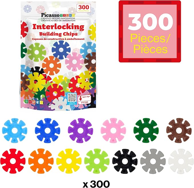 PicassoTiles Construction Building Chips Block 300 Piece Set Interlocking Plastic Disc STEM Learning Toy Creative Education Child Brain Development Play for Toddler Kids Boys Girls Ages 3 & Up PTF300