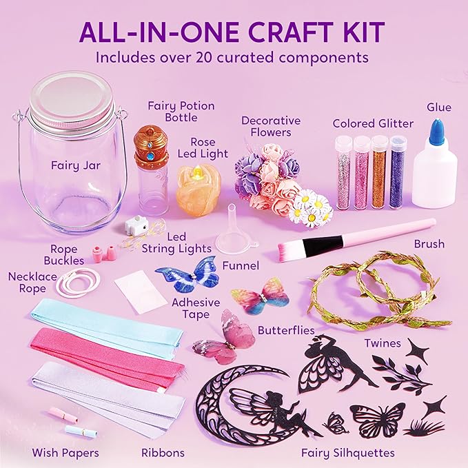 Klever Kits DIY Fairy Lantern Craft Kit with Rose Lights and String Lights - Birthday Gifts with 7 Color Fairy Potion Necklace, DIY Night Light Arts and Crafts for Girls Age 8+