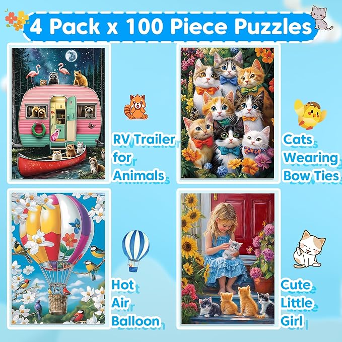 4-Pack 100 Piece Puzzles for Kids Ages 4-6, 6-8 | RV Trailer, Hot Air Balloon, Girl & Cats | Engaging & Educational Jigsaw Puzzles for Girls and Boys