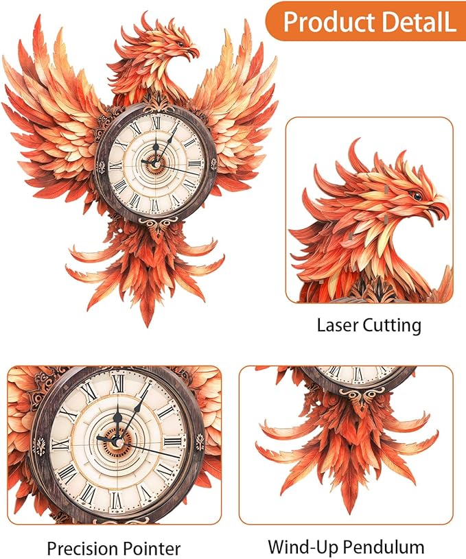 3D Wooden Puzzles for Adults, 3D Puzzle Fire Phoenix Clock Kit (with Pendulum), 3D Puzzles for Adults Teens Home Wall Decor Clock Puzzle Gifts for Adult