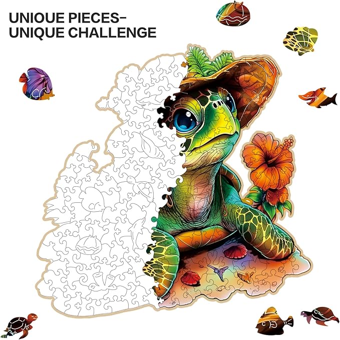 Wooden Jigsaw Puzzles,Vacation Sea Turtle Wooden Puzzles 200 Piece,Perfect for Family Game,Unique Shape Puzzles for Adults 11 x 11 Inch