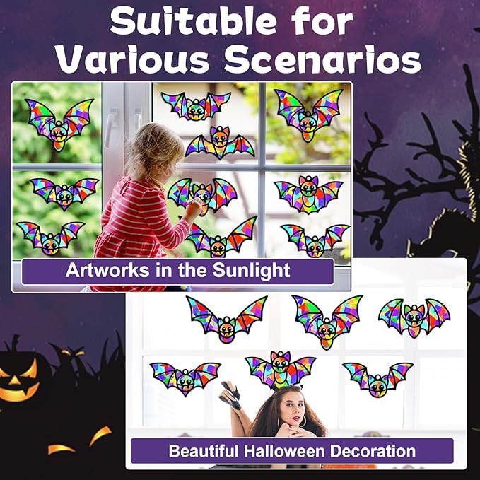 QOUBAI 32 Sets Halloween Bats Suncatchers Craft Kit DIY Window Stained Glass Effect Halloween Bats Paper Crafts Home School Classroom Decoration Kid Birthday Gift Creative Art Project Activity Game