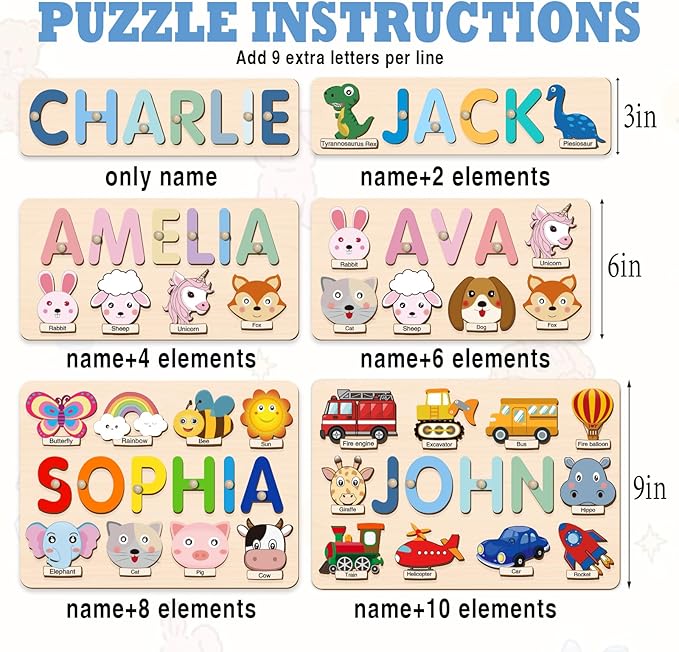 Personalized Name Puzzle for Kids, Customized Baby Gifts, 1st Birthday Gifts for Girls Boys, Toddler Learning Toys 1-3 Animal Puzzle Montessor Toys for Kids