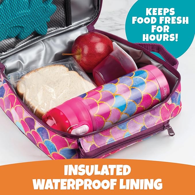 Bentology Kids Lunch Bag Set w Matching Reusable Water Bottle & Hard Ice Pack- Pink Purple Mermaid- Insulated Tote, Stainless Steel Insulated Thermos, Hard Ice Pack- Back to School Lunchbox Kits