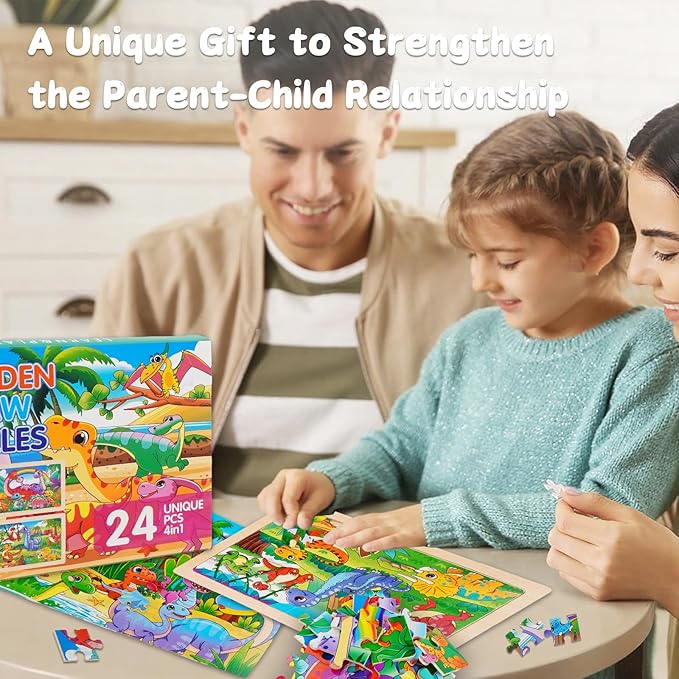 Wooden Jigsaw Puzzles for Kids Ages 3-6, 4 Pack with Dinosaurs Preschool Educational Toys, Toddler Puzzles Gift for 3 4 5 Year Old Boys Girls (Dinosaur)