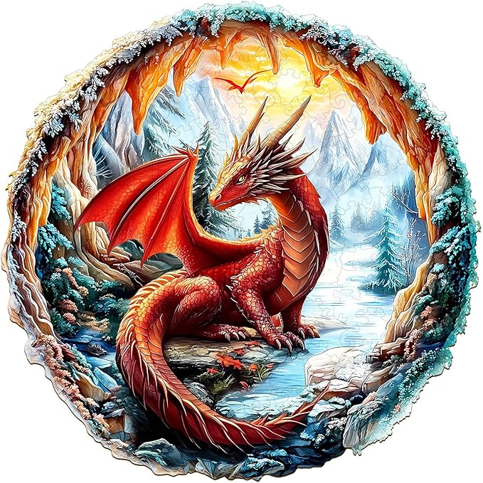 KAAYEE Wooden Puzzles for Adults, 3D Visual Effect Cave Dragon Wooden Jigsaw Puzzle Unique Shape Wood Puzzle Adult, 3D Effect Flat Puzzle Birthday Family Games (M-11.4 * 11.4 in-195pcs)