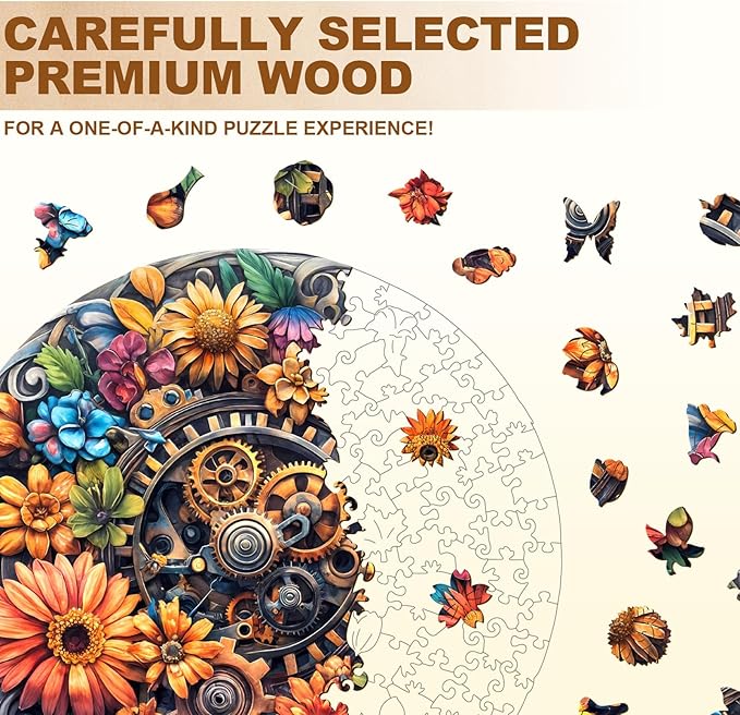 Wooden Puzzles for Adults - Machinery and Flowers Wood Puzzles Adult - Unique Animal Shape Wooden Jigsaw Puzzles for Adults - Birthday Gifts for Puzzle Lovers, Family (11.4 * 11.3in)