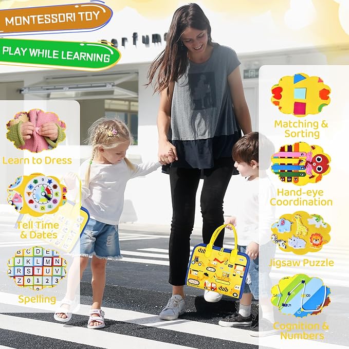 Esjay Toddler Busy Board Montessori Toys for Boys Girls, Sensory Board Educational Activities for Learning Fine Motor Skills, Birthday Gifts for Toddlers, Travel Toys for Airplane Car, Yellow Truck