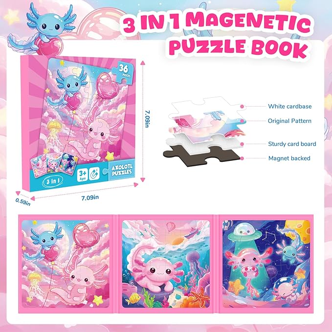 Magnetic Jigsaw Puzzles for Toddlers Kids 3-8 Girls,(3 36-Pieces) Travel Puzzles Toys for Kids Ages 4-6,Take-Along Car Airplane Road Trip Activities Game for 3 4 5 6 7 8 Year Old Birthday Gift,Axolotl