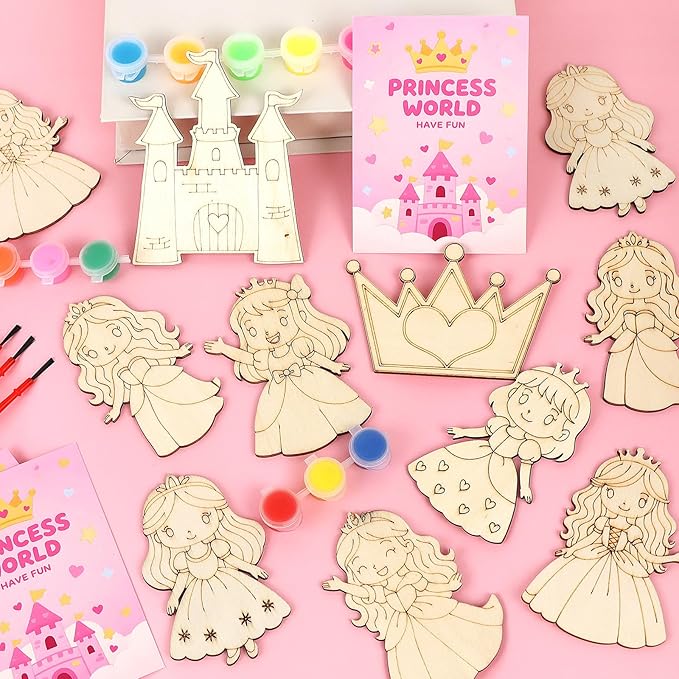 LARDUX Princess Party Favors, 24PCS DIY Wooden Arts & Crafts Painting Kit for Kids, Glow in The Dark Party Favors Family Crafts Birthday Party Christmas Gifts Toys for Boys Girls