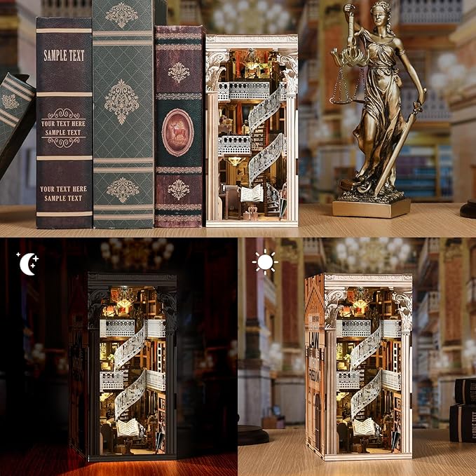 DIY Book Nook Kit for Adults, 3D Wooden Puzzle Bookend Bookshelf Insert Decor with LED Light and Dust Cover (Law Library)