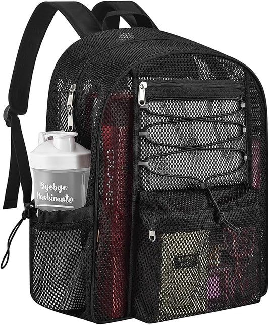Mesh Backpack Heavy Duty for School, 24L Large Mesh Bookbag for Adults, Black School Bag with Comfort Padded Straps for Work Swimming Beach Fitness Sport