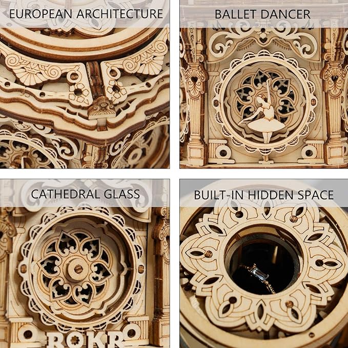ROKR 3D Wooden Puzzles Delicate Music Box, DIY Mechanical Model Kits, Romantic Gift on Birthday/Valentine's Day, Vintage Style Decoration for Home