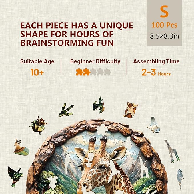 Wooden Puzzles for Adults, Giraffe Wooden Jigsaw Puzzles for Adults, Nature Landscape Flat Puzzle with 3D Visual Effect, Unique Animal Shaped Wood Puzzle, Fun Gifts & Home Decor (S-8.5*8.3in-100Pcs)