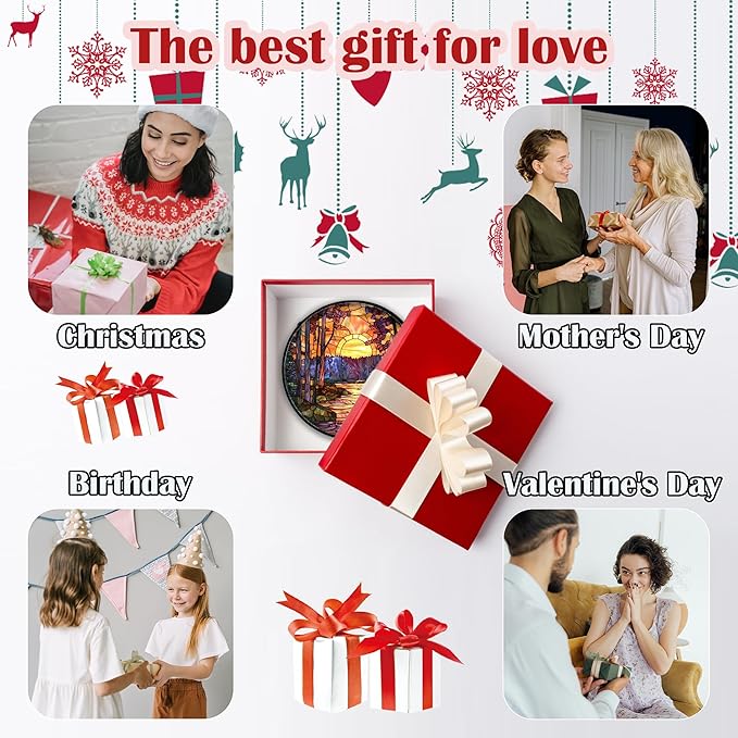 Stained Glass Window Hanging, Orange Landscape Green Purple Lake Forest Suncatcher for Doors Window Home Sun Catchers Decor Mother's Day Birthday Gifts for Women Men Mom 9.8 in