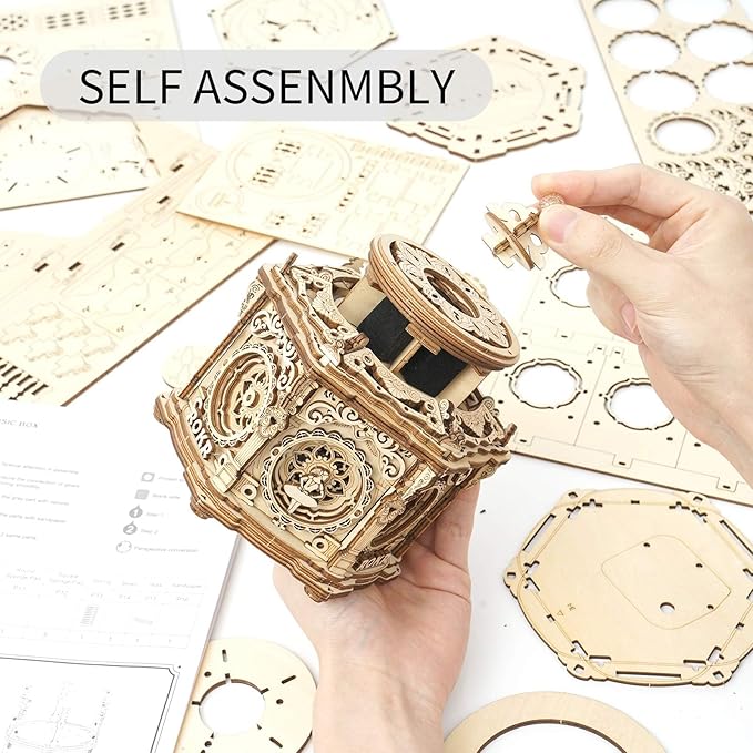 ROKR 3D Wooden Puzzles Delicate Music Box, DIY Mechanical Model Kits, Romantic Gift on Birthday/Valentine's Day, Vintage Style Decoration for Home