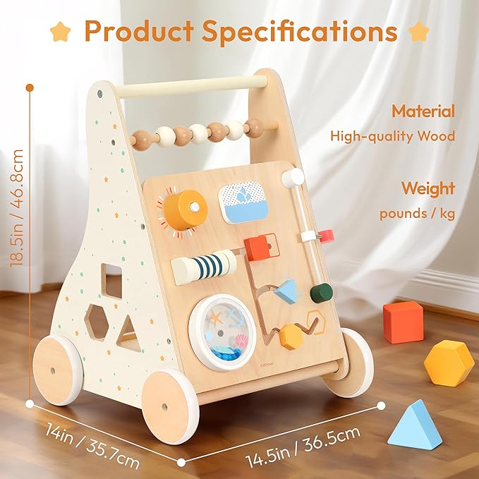 Wooden Baby Walker Push Toy with Activity Center, Montessori Toddler Walking Wagon with Blocks, Gears & Shape Sorter for 1 2 3 Year Old Boys Girls