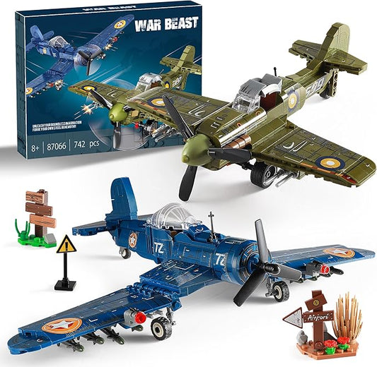 WW2 Military Plane Building Sets Compatible with Lego, Create US F4U & UK Spitfire Fighter Jet Models Toys, Great Army Airplane Aircraft Gifts for Boys Kids