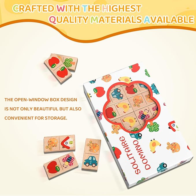 28 Pcs Wooden Domino Puzzle Game - Multicolor Fruit & Animal Design, Educational Family Logic and Thinking Skill Development Toy, Montessori Toys, Matching & Learning Board Game, Gift for Age 3+