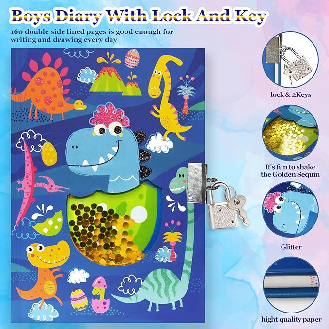 GINMLYDA Boys Diary with Lock for Kids, Dinosaur Diaries 7.1x5.3 160 Pages Boy Journal Secret Cute Notebook with Lock and Key for Little Kid Writing Drawing Gift for Pre school Age 6,8,12