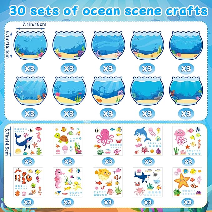 JUNEBRUSHS 30 Sets Summer Ocean Crafts Kits for Kids, Under The Sea Animals Worlds Stickers Scene for Home Classroom Game Activities Summer Crafts Party Favors