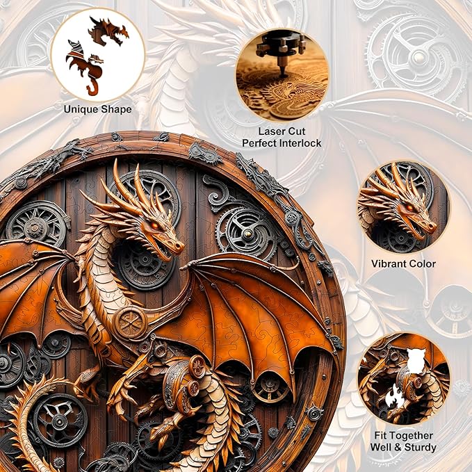 KAAYEE Wooden Puzzles for Adults, 3D Vision Mechanical Dragon Wooden Jigsaw Puzzles, Unique Shape Advanced Wood Puzzle Adult Birthday Fathers Mothers Gifts Family Games (M-11.4 * 11.3in-200pcs)