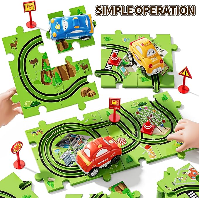 64 PCS Puzzle Track Car Set for Boys Kids 3-5, Toddler Boys Toys for 3 4 5 6 Years Old, Puzzle Race Tracks Car Toys, Birthday Gifts for Kids 3 4 5 6 7 8 Year Old Boys Girls