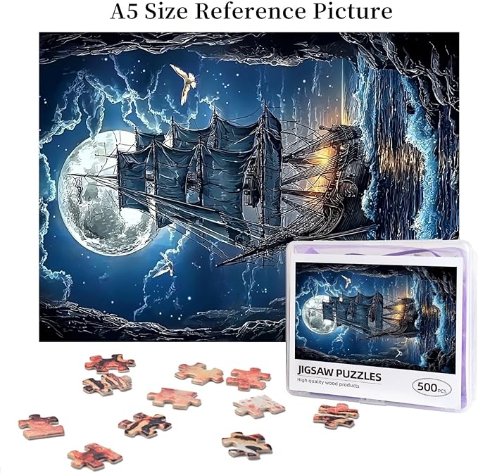 Sailboat Jigsaw Puzzles 500 Pieces，Moon Sailboat Jigsaw Puzzles Moonlit Voyage 500 Piece，Ocean Sea Sailing Ship Puzzles，Fantasy Puzzles for Friends Family Activity Game Nights Gifts