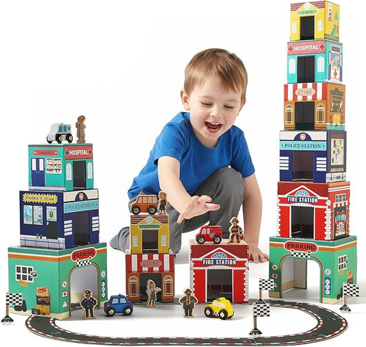 Youuys Sorting and Stacking Toys for Toddlers with Nesting Garages & Race Track & Wooden Cars & Community Helpers, Montessori Nesting Boxes for 1-3 Preschool Learning for 1 2 3 Boys Girls Gift