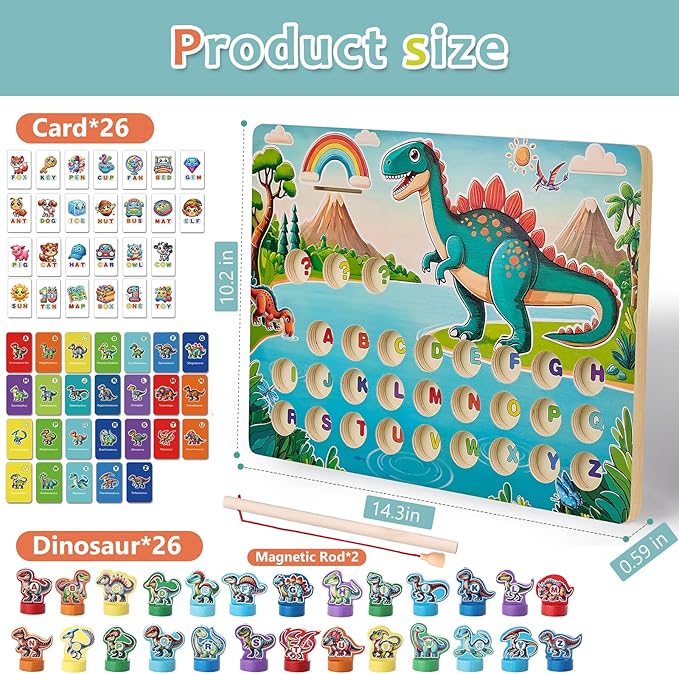 Wooden Dinosaur Magnetic Fishing Game for Toddlers Ages 3-5 with 2 Pods, ABC Alphabet Learning Toy with Spelling Cards, Preschool Educational Montessori Toys, Gift for Boy Girl
