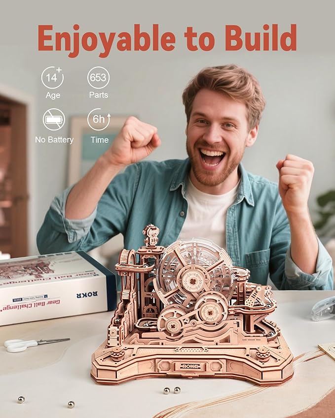 ROKR 3D Wooden Puzzle for Adults, Wooden Marble Run Set, Model Building Kits, Christmas Birthday Gifts for Teens and Adults, DIY Gear Ball Challenge