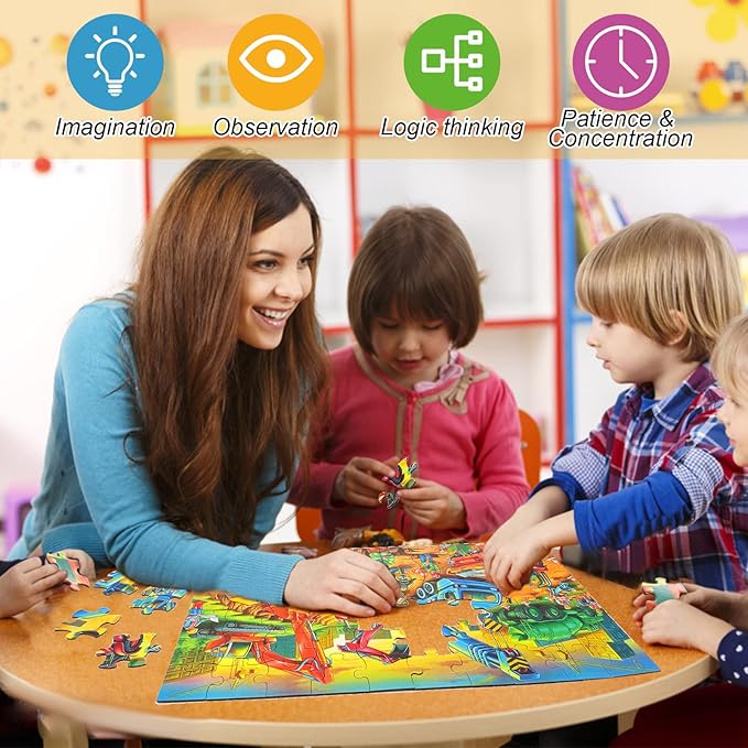 Jigsaw Puzzles for Kids Ages 3-5, 4-8, 6-8 Boys Girls - 60 Piece Construction Site - Large Piece Children Floor Jigsaw Puzzles - Science Educational Toys for 3 4 5 6 7 8 Years Old
