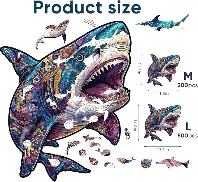delobil Wooden Puzzles for Adults, Shark Jigsaw Puzzles 200 Pieces, Unique Shape Puzzles with Wooden Box, 11.3 x 11.3 Inches Medium Size Family Game Gift, Fun Challenging Puzzles for Adults and Kids