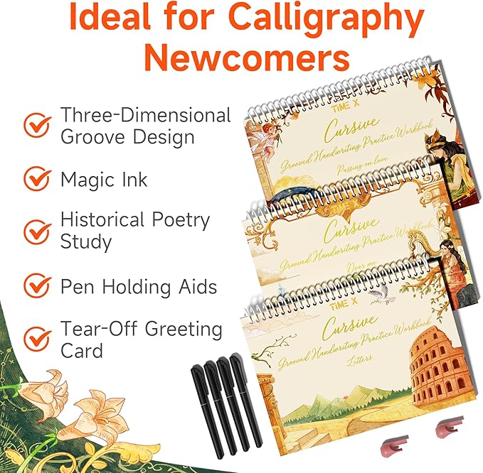 TIME X Grooved Cursive Handwriting Workbook Kit - Cursive Handwriting Workbook for Kids 8-12 and Adults - 3Pcs Magic Reusable Handwriting Workbook with Detachable Quote Postcards - 12.6"x10.6"