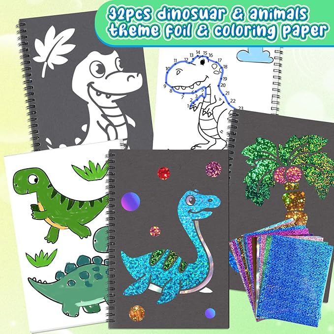Foil Craft Dinosaur DIY Art Fun Kits, No Mess Creative Foil Art Kits Set Drawing Game for Kids, Birthday Gifts Crafts Supplies Travel Toys for Girls Boys Ages 4-9
